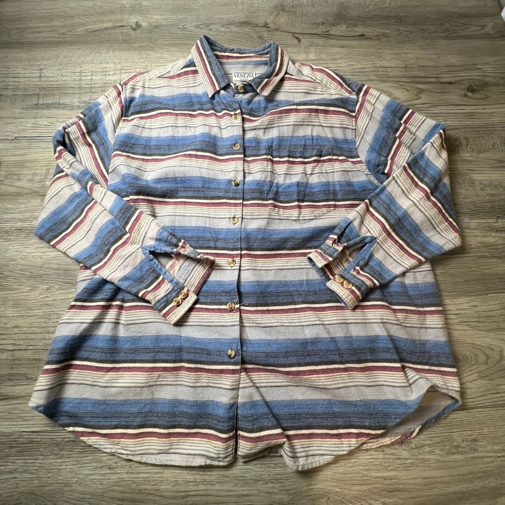 Venezia Vitale Button Down Shirt‎ Womens 22/24 Blue Striped Cotton Long Sleeve